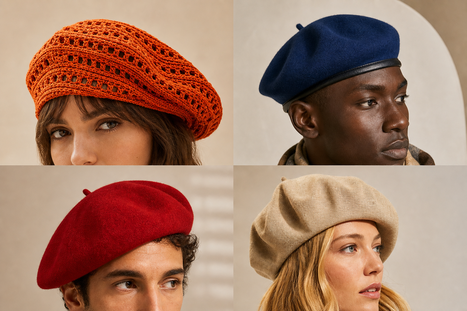 Bérets civils homme et femme : crochet orange, feutre bleu, laine rouge et toile beige